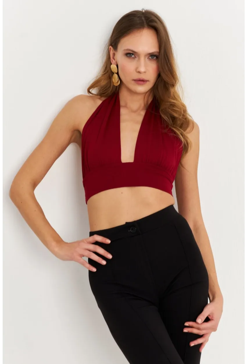 Kadın Bordo Sırt Ve Boyun Bağlamalı Bluz EY1472