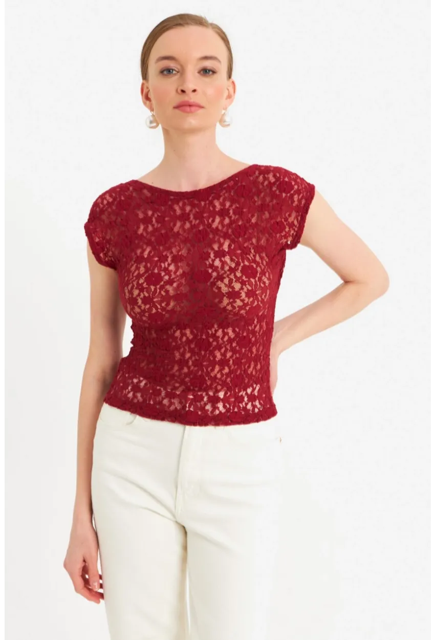 Kadın Bordo Sırtı Açık Dantel Bluz ZH04