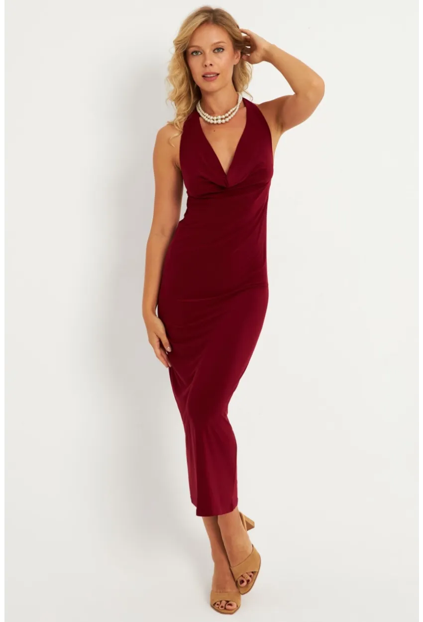 Kadın Bordo Sırtı Açık Degaje Midi Yılbaşı Elbise GÇ177