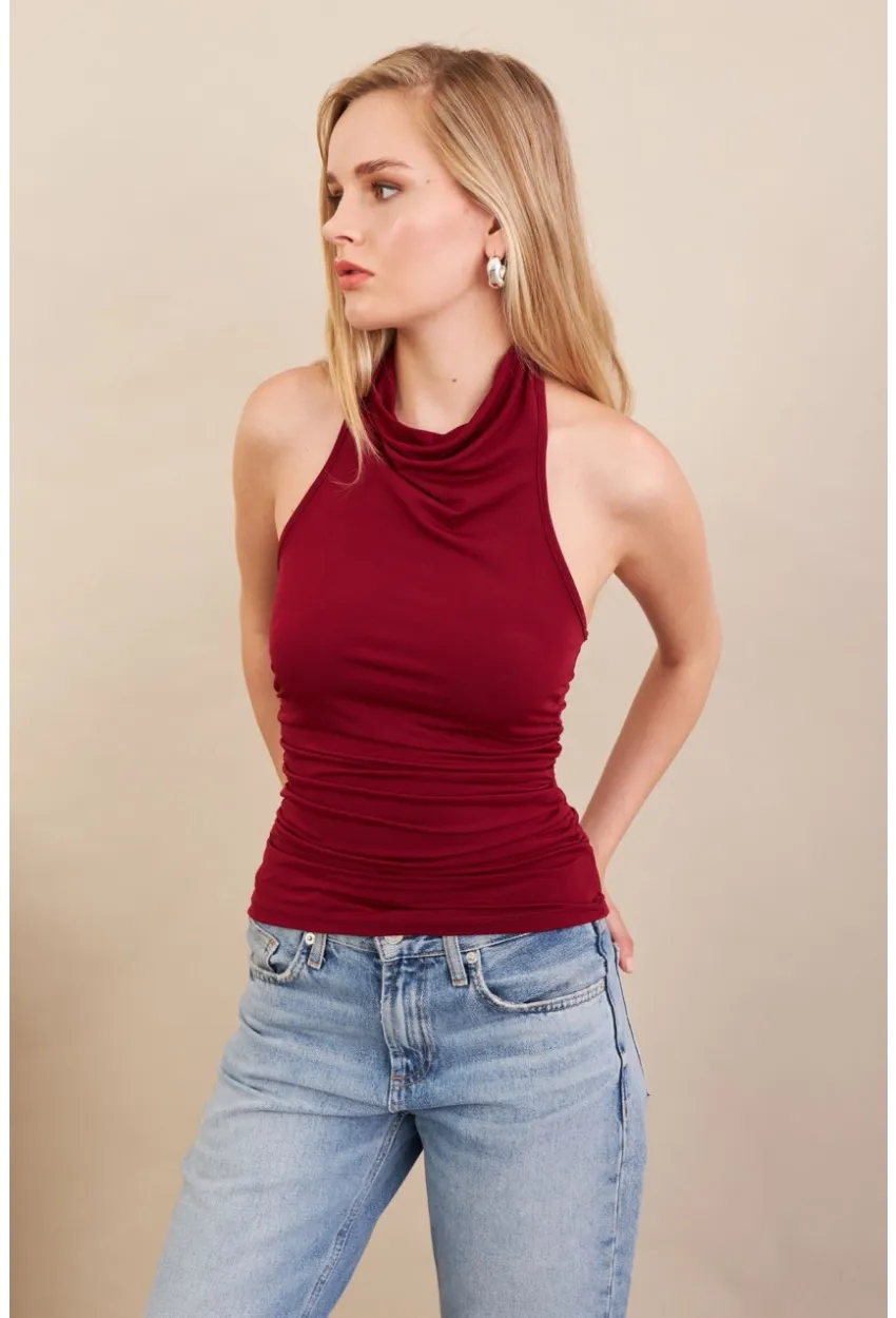 Kadın Bordo Sırtı Açık Drapeli Bluz FRY2314