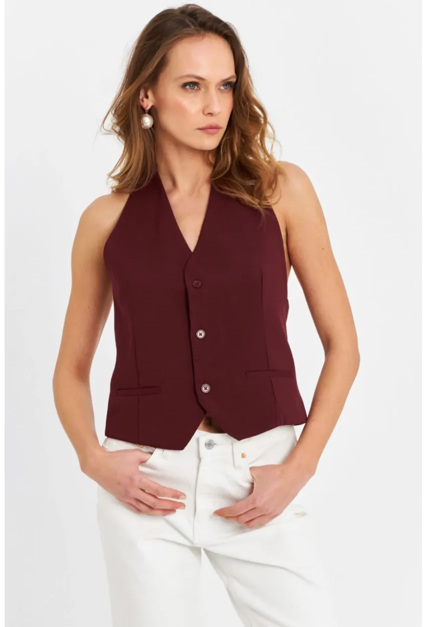 Kadın Bordo Sırtı Açık Yelek CAR1143