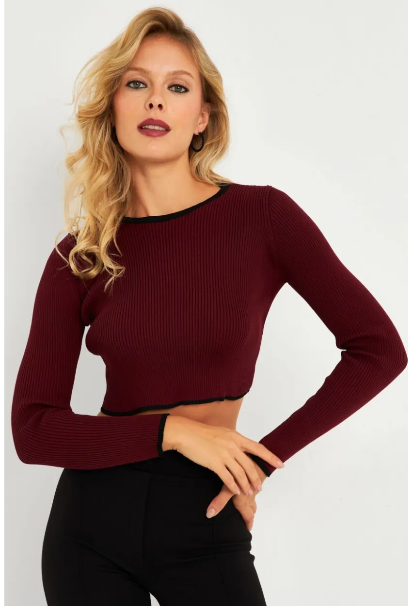 Kadın Bordo-Siyah Sırtı Açık Bluz YV270