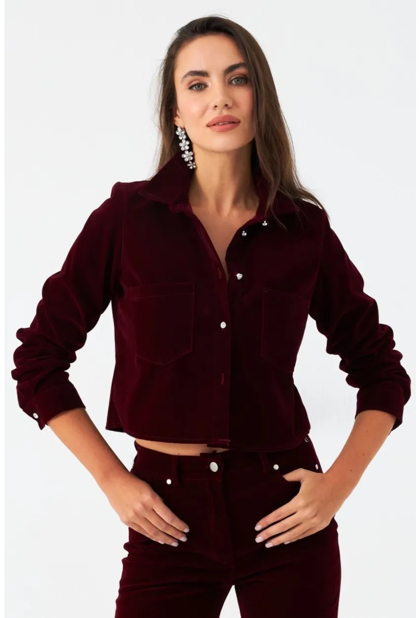 Kadın Bordo Taş Düğmeli Kadife Gömlek Ceket CAR1075