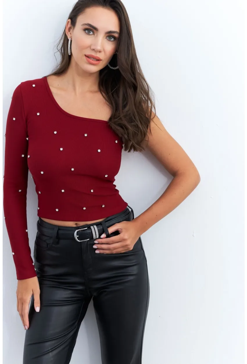Kadın Bordo Taşlı Tek Kol Crop Bluz HOL2