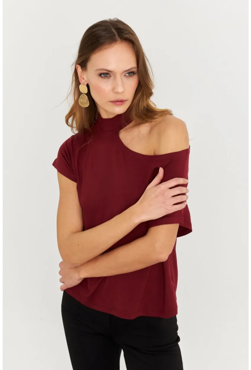 Kadın Bordo Tek Omuz Açık Bluz LPP1300
