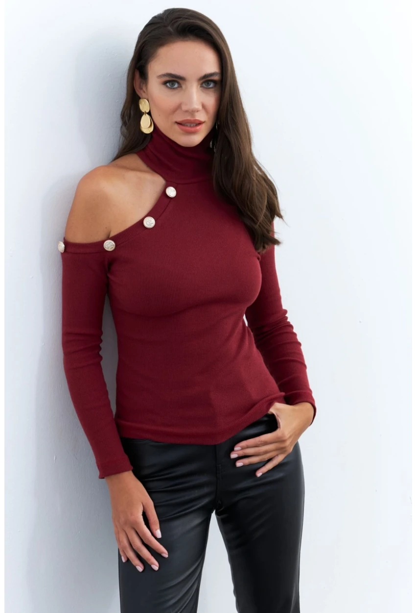 Kadın Bordo Tek Omuz Açık Kaşkorse Balıkçı Bluz EY2947