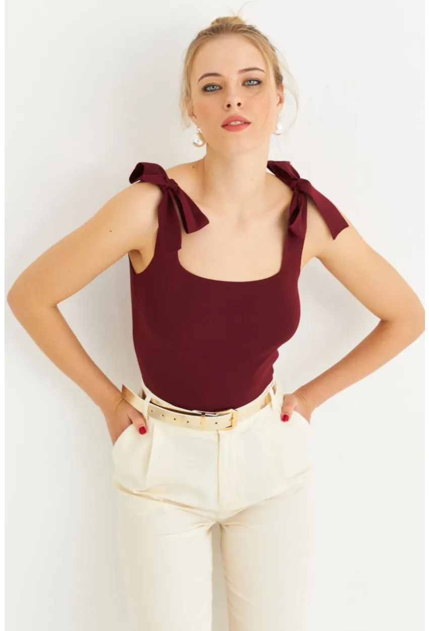 Kadın Bordo Triko Bluz YV236