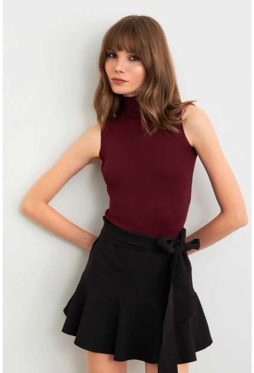 Kadın Bordo Triko Kolsuz Bluz YV305