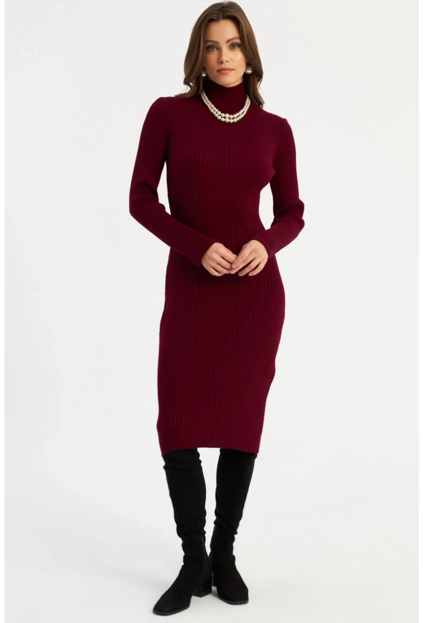 Kadın Bordo Triko Midi Elbise YV303