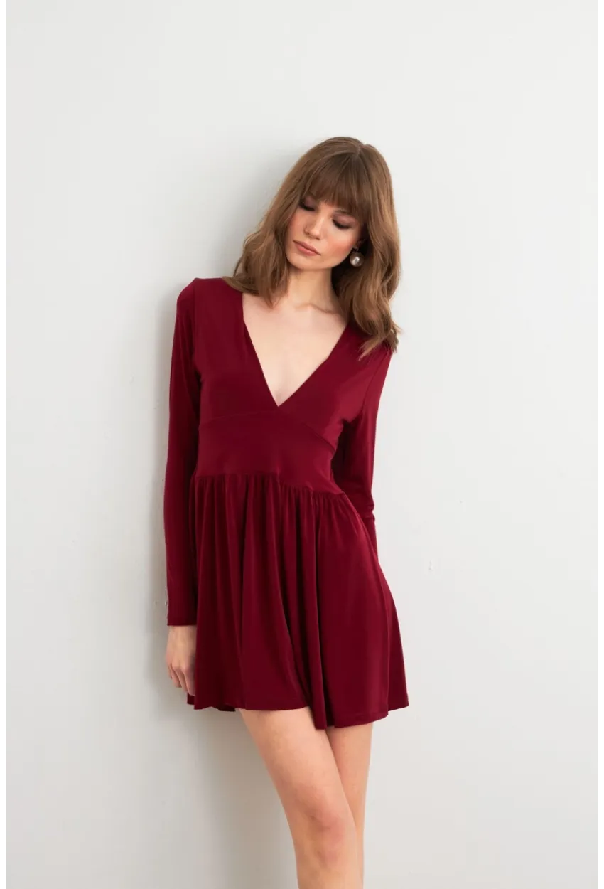 Kadın Bordo V Yaka Mini Elbise LİK17