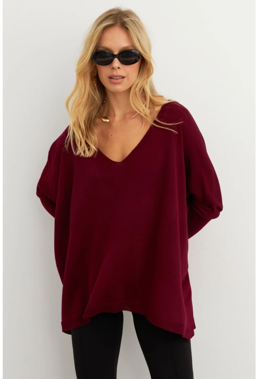 Kadın Bordo V Yaka Salaş Bluz YV304