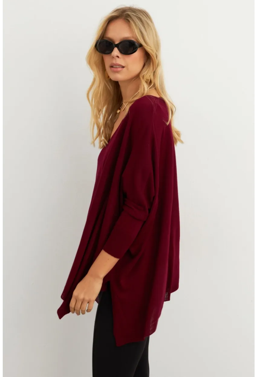 Kadın Bordo V Yaka Salaş Bluz YV304