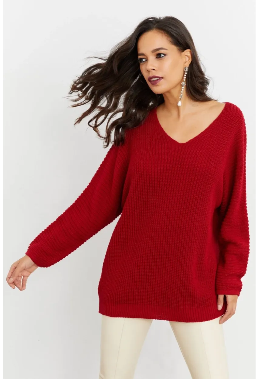 Kadın Bordo V Yaka Salaş Triko Tunik SMT158