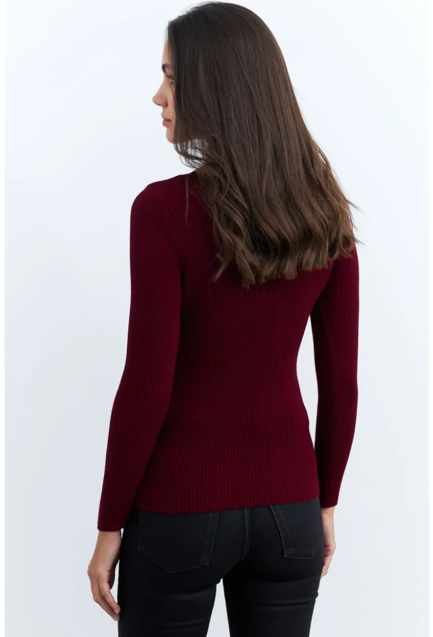 Kadın Bordo V Yaka Triko Bluz YV284