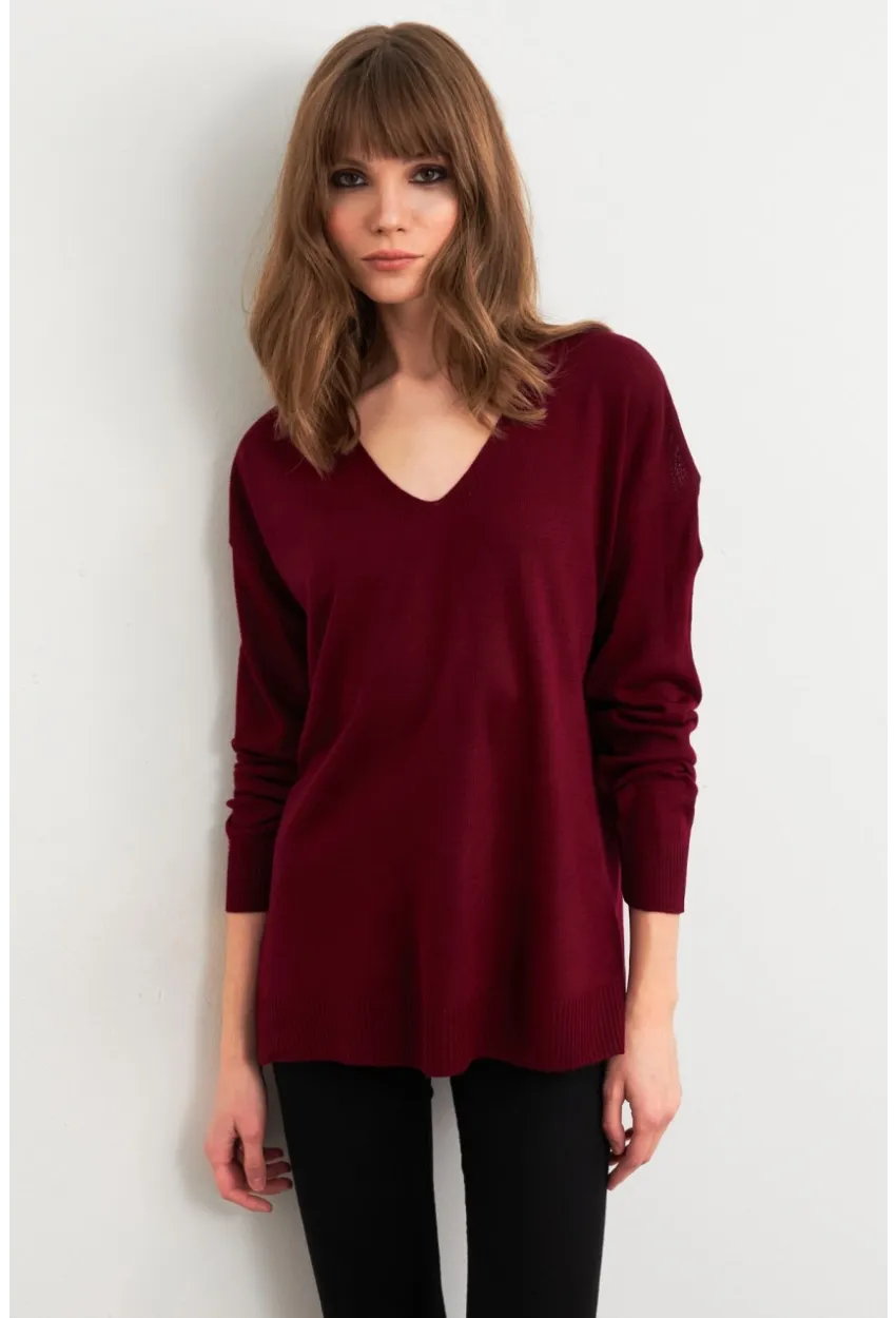 Kadın Bordo V Yaka Triko Kazak YİL549