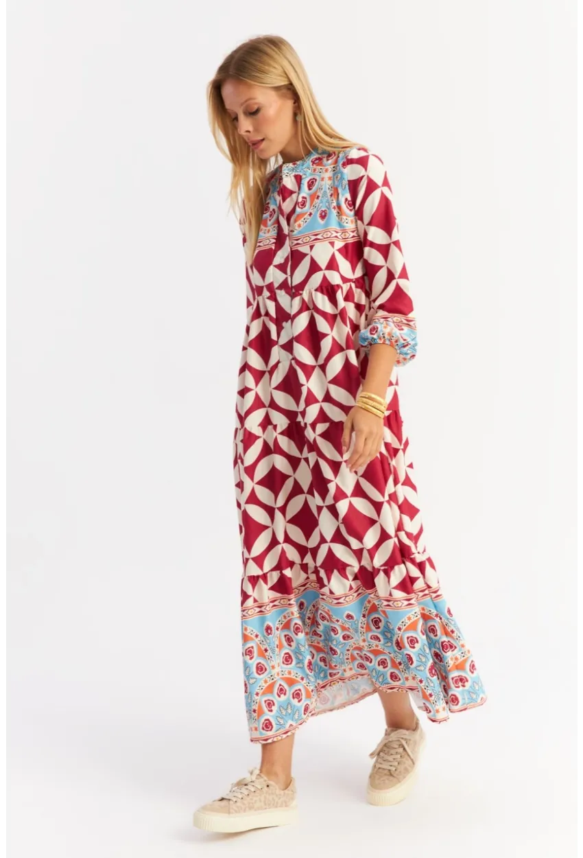 Kadın Bordo Volanlı Desenli Maxi Elbise MYLE14