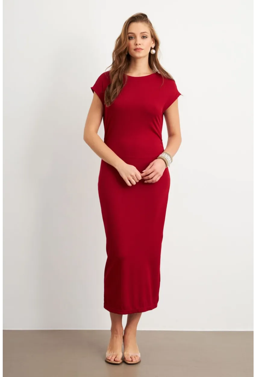 Kadın Bordo Yanları Büzgülü Midi Elbise MK35
