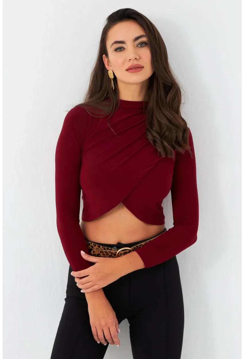 Kadın Bordo Yarım Balıkçı Anvelop Bluz CY351