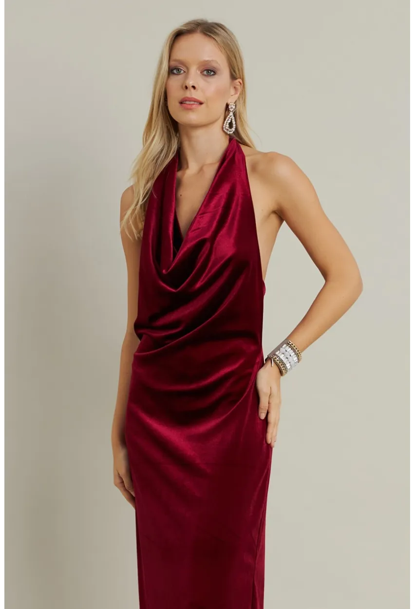 Kadın Bordo Yılbaşı Degaje Yaka Uzun Elbise GÇ197