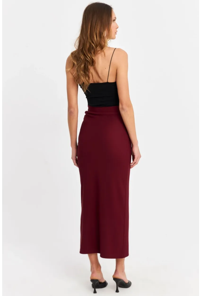 Kadın Bordo Yırtmaçlı Midi Etek MOD1854