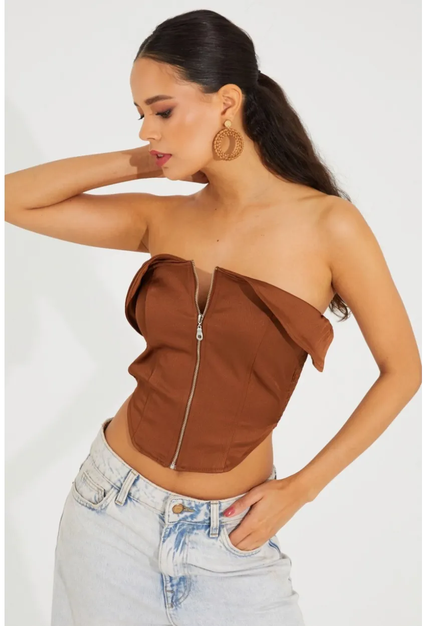 Kadın Bronz Fermuarlı Straplez Crop Bluz SF2502