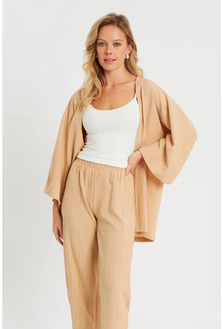Kadın Bürümcük Kimono Takım Camel Q983