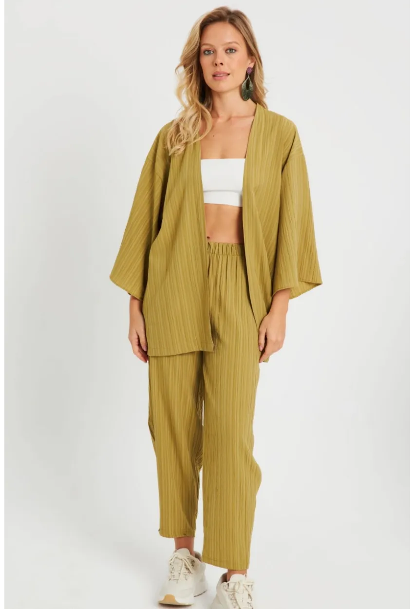 Kadın Bürümcük Kimono Takım Haki Q983