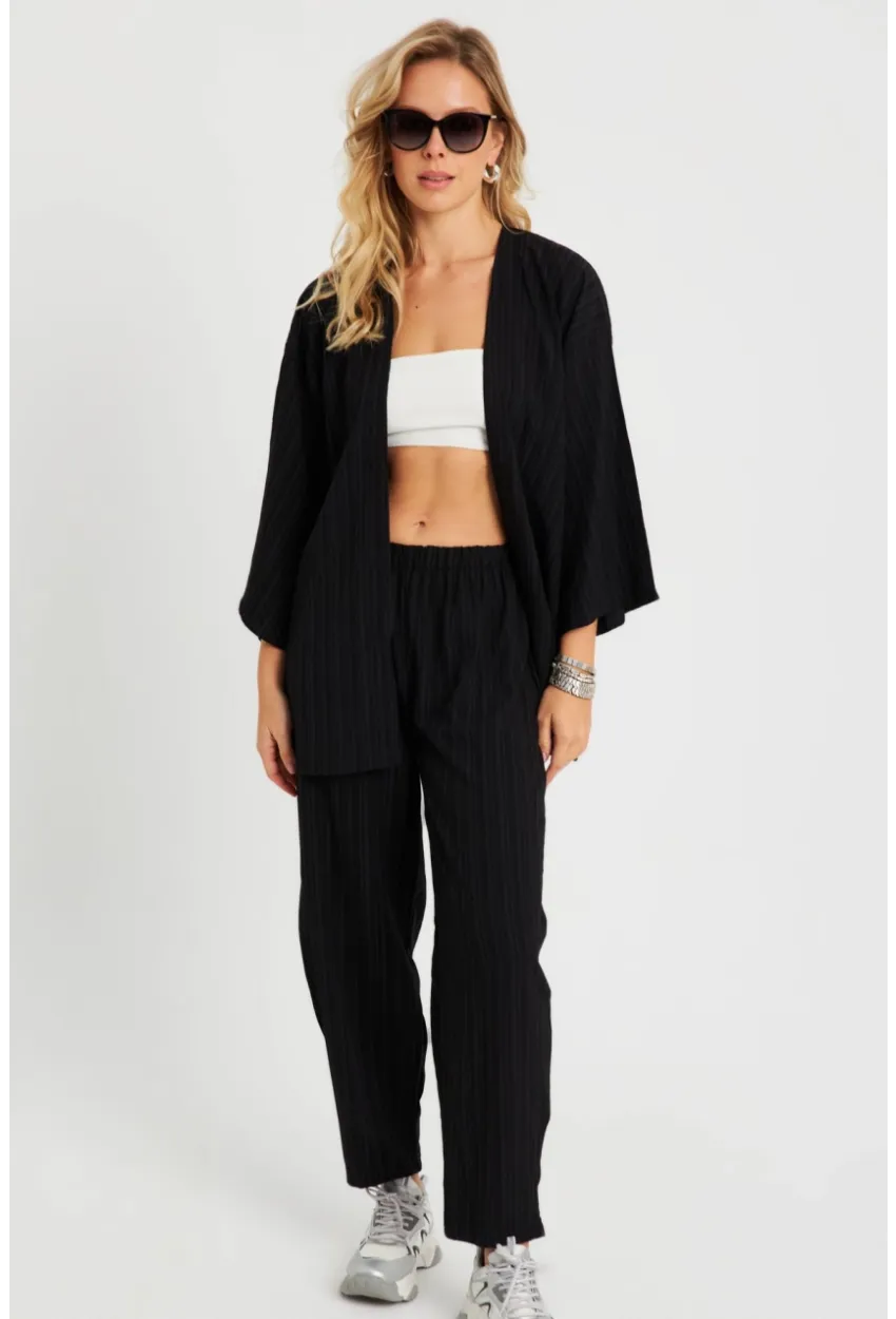Kadın Bürümcük Kimono Takım Siyah Q983