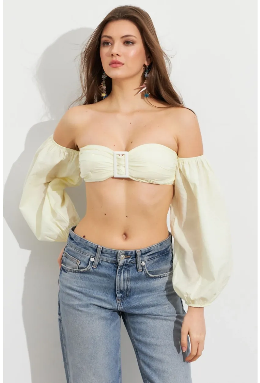 Kadın Butter Yellow Balon Kol Crop Bluz Rop111