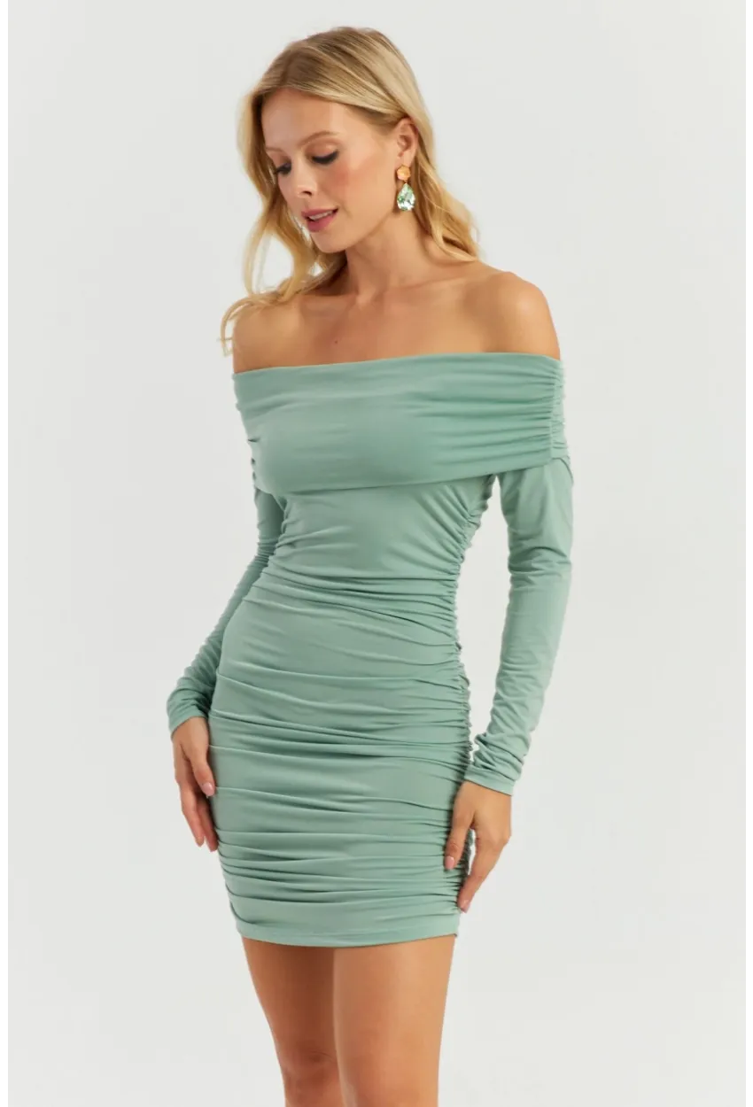 Kadın Çağla Yeşili Büzgülü Madonna Mini Elbise MON1118