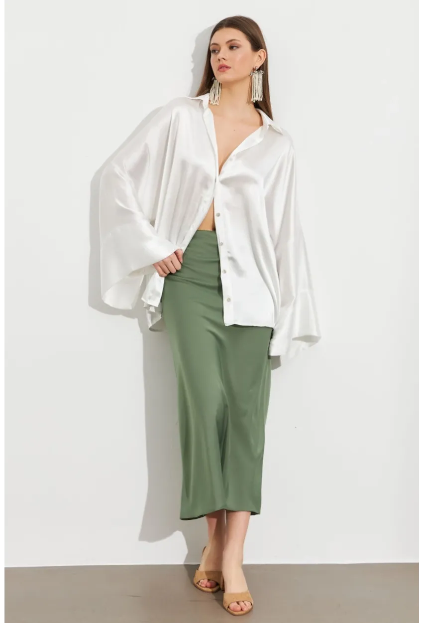 Kadın Çağla Yeşili Saten Çan Etek SE20