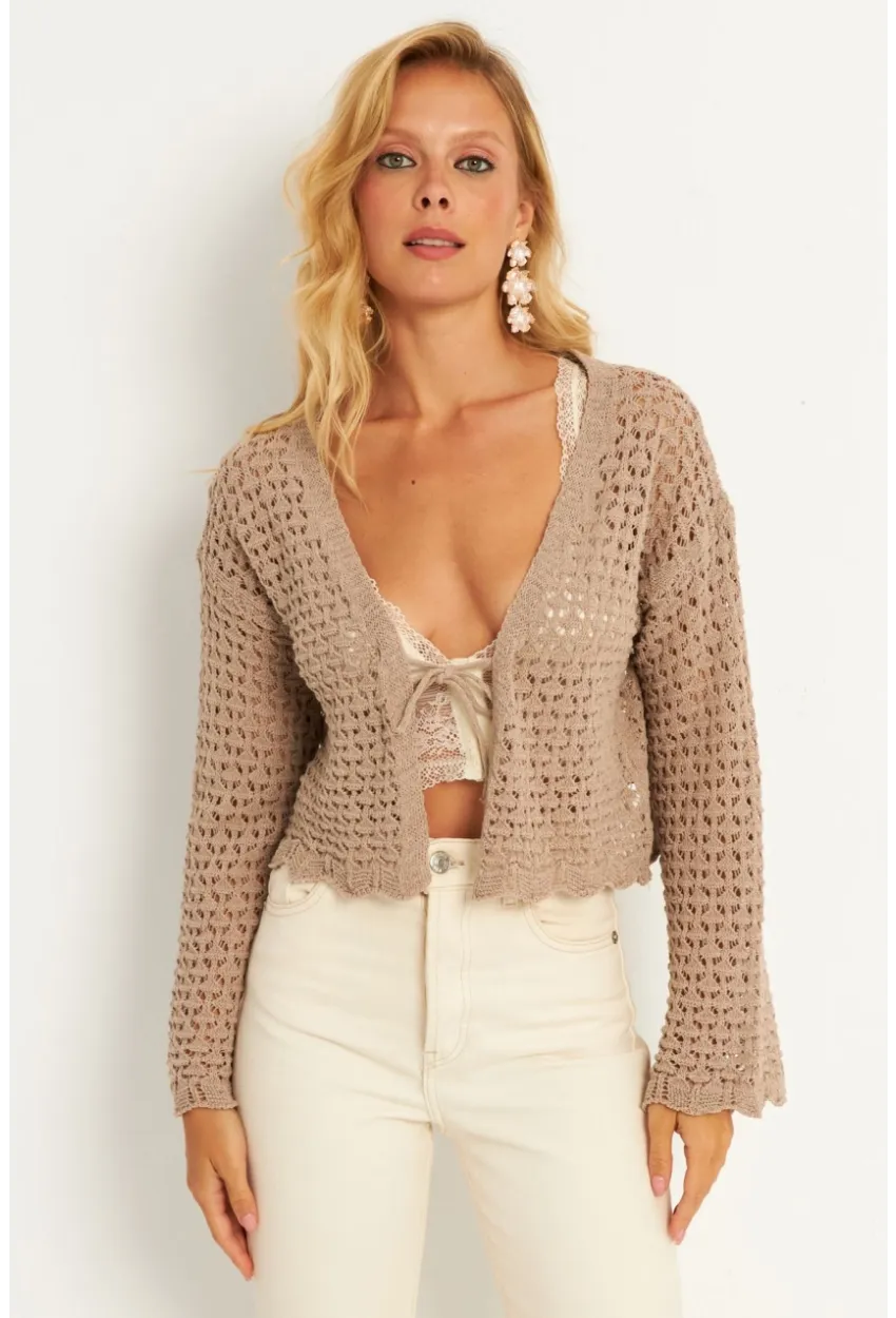 Kadın Camel Ajurlu Triko Hırka YV248