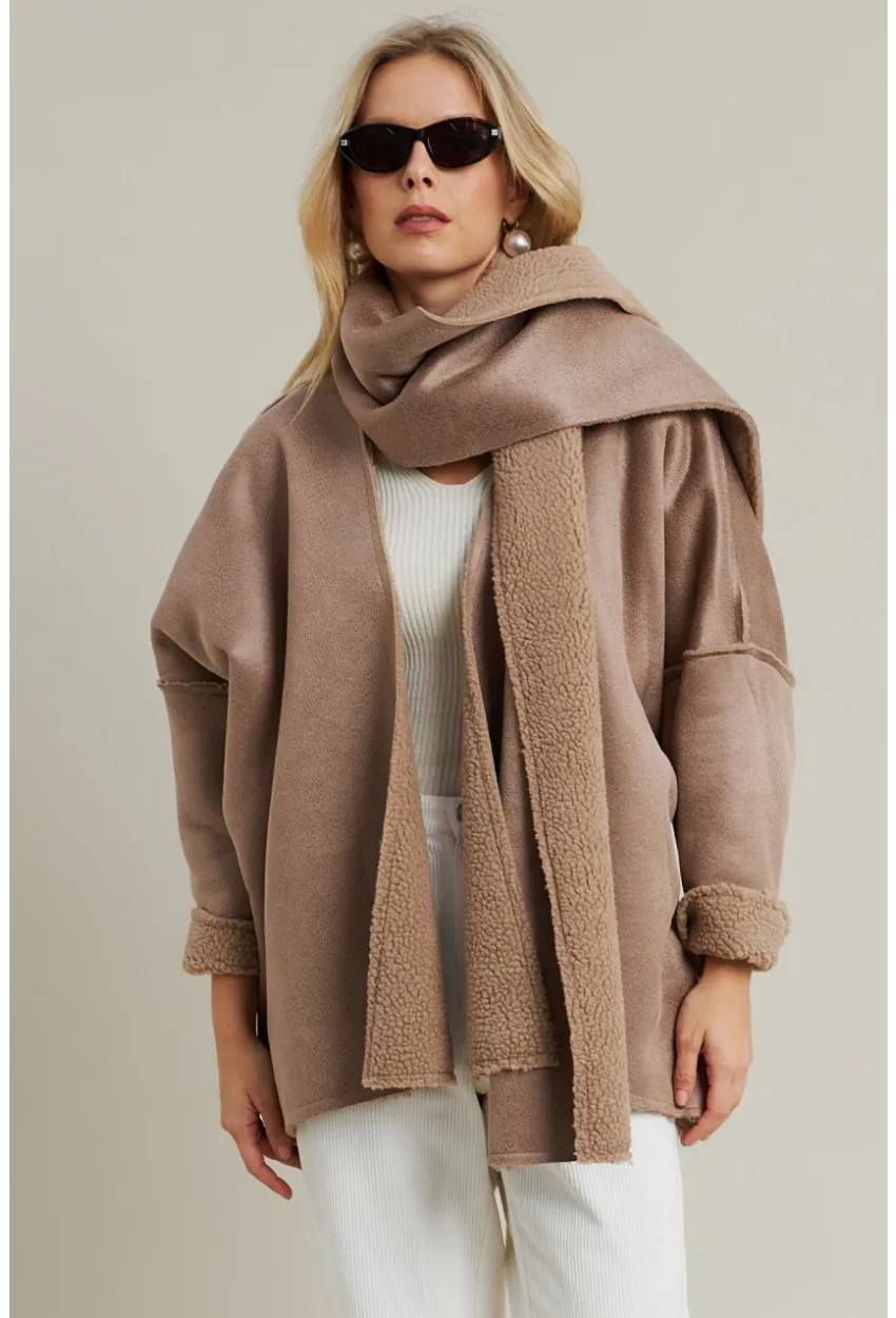 Kadın Camel Atkılı İçi Peluş Premium Ceket SE5