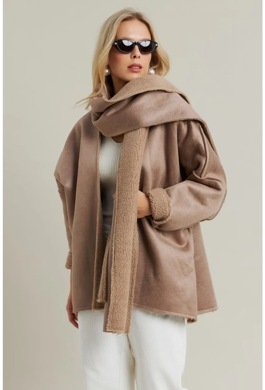 Kadın Camel Atkılı İçi Peluş Premium Ceket SE5