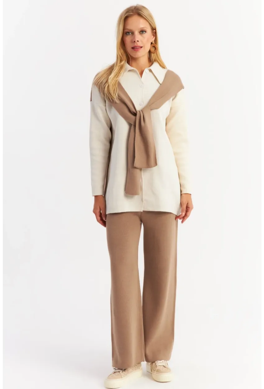 Kadın Camel Atkılı Triko Hırka Alt Üst Takım NUV20