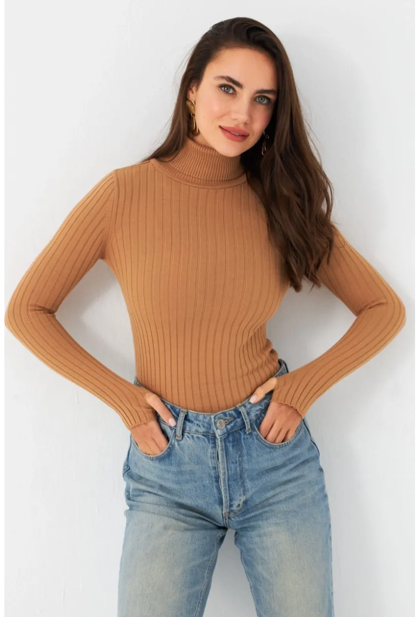 Kadın Camel Balıkçı Yaka Triko Bluz YV102-90