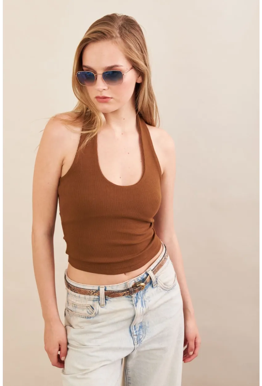 Kadın Camel Boyun Askılı Bluz ZH171