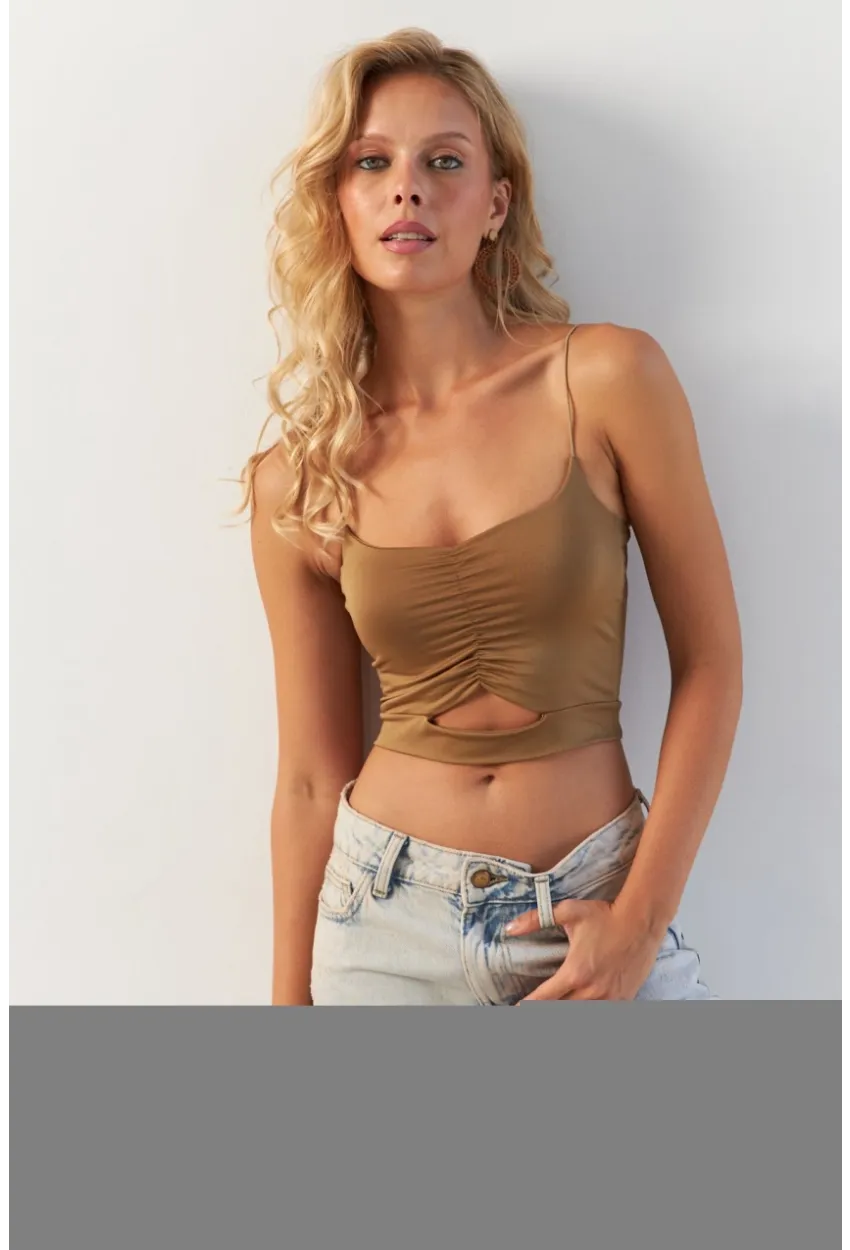 Kadın Camel Büzgülü Crop Bluz MSH125