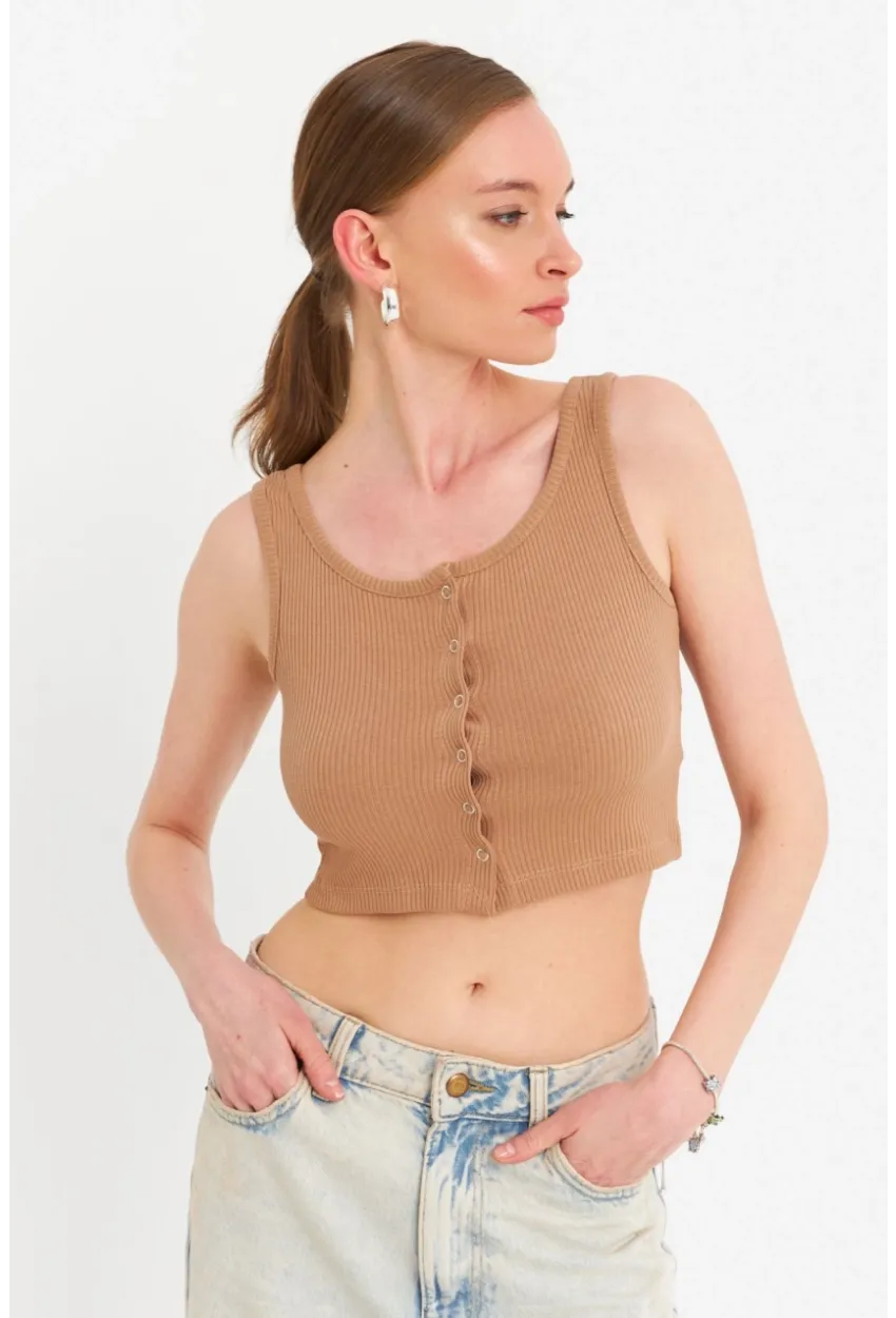 Kadın Camel Çıtçıtlı Crop Bluz YDF103