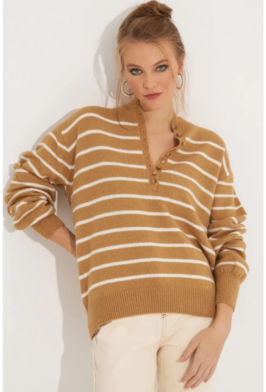 Kadın Camel Çizgili Triko Kazak SMT219