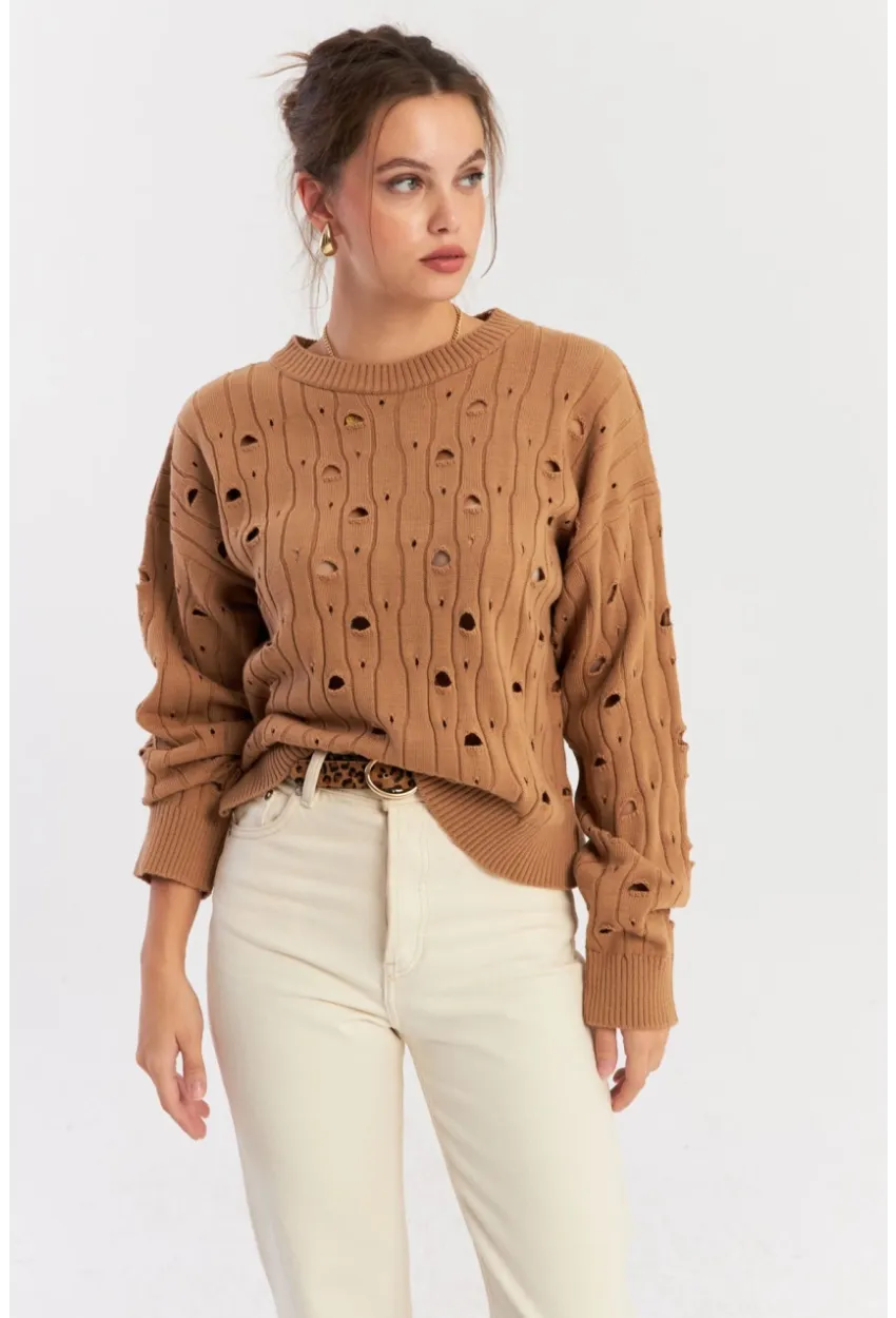 Kadın Camel Çizgili Yırtık Triko Kazak PP2342