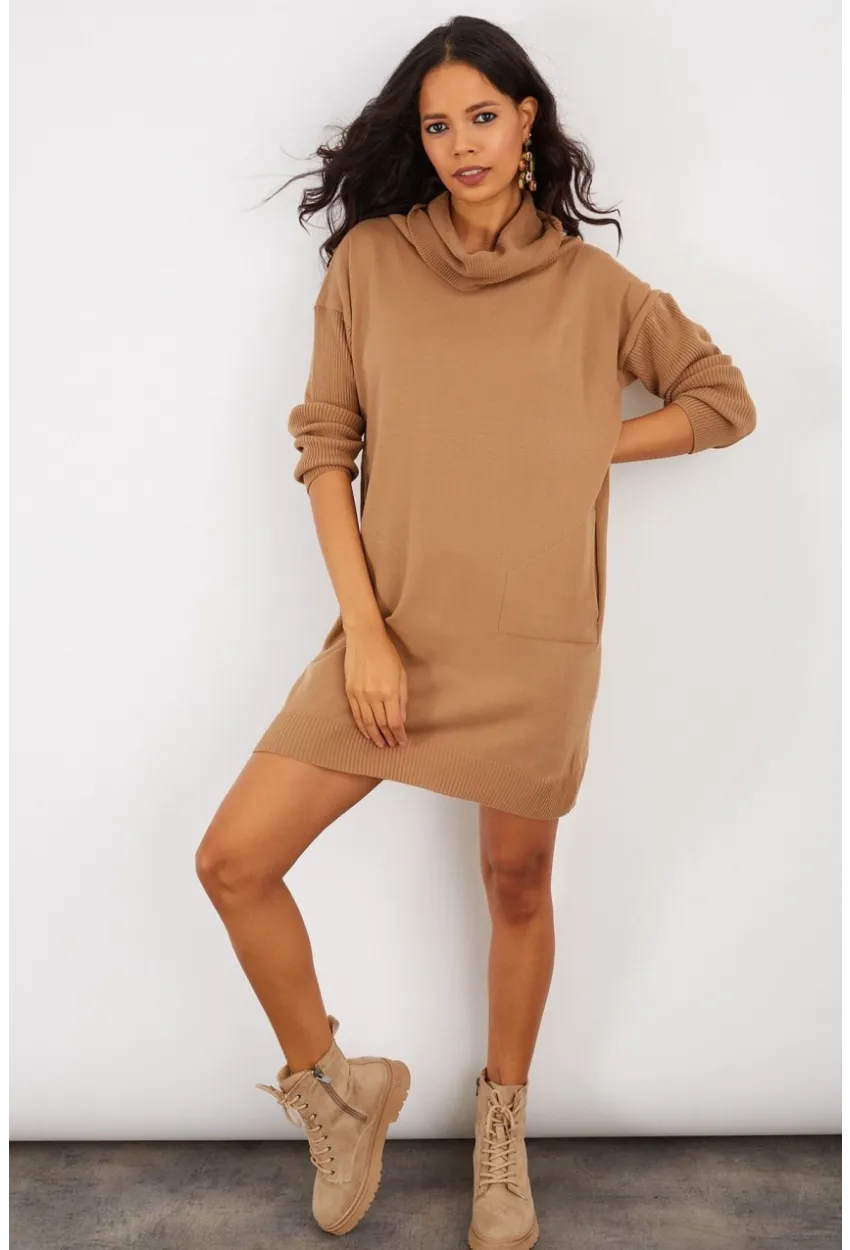 Kadın Camel Degaje Yaka Triko Mini Elbise YV73