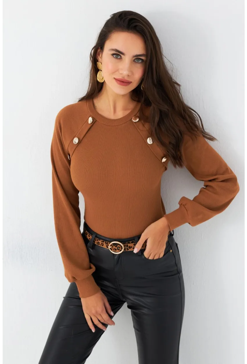 Kadın Camel Düğme Aksesuarlı Kaşkorse Bluz MEY2946