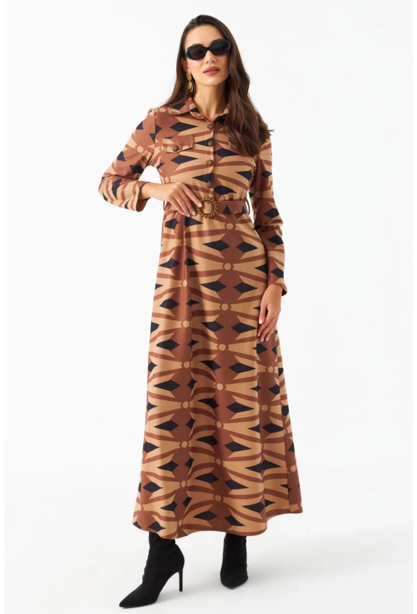 Kadın Camel Düğme Detaylı Kemerli Maxi Elbise MHAD101