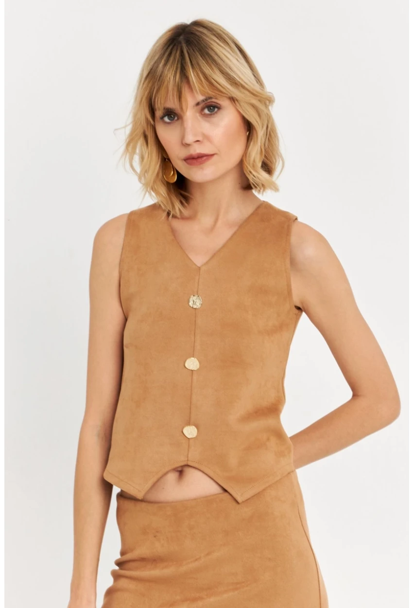 Kadın Camel Düğme Detaylı Süet Bluz KED7113