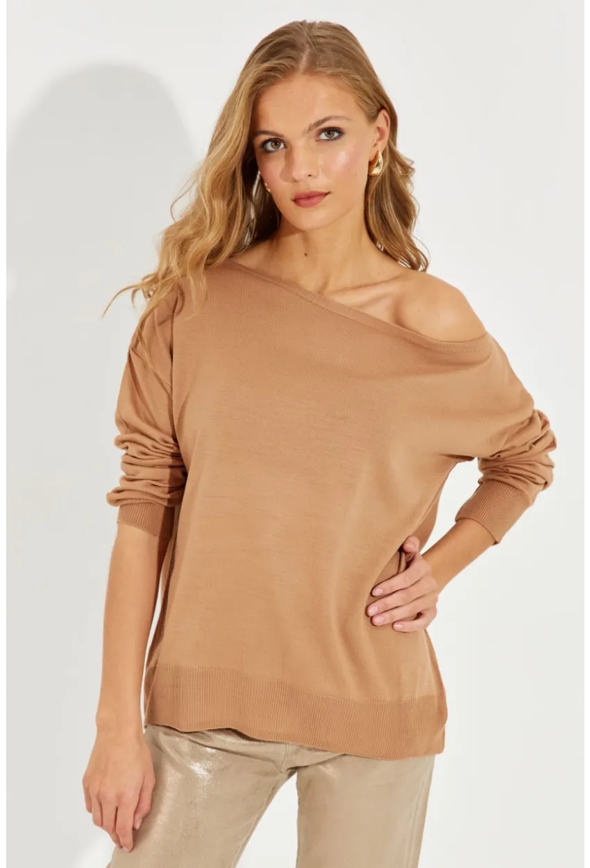 Kadın Camel Düşük Omuz Triko Bluz YZ617