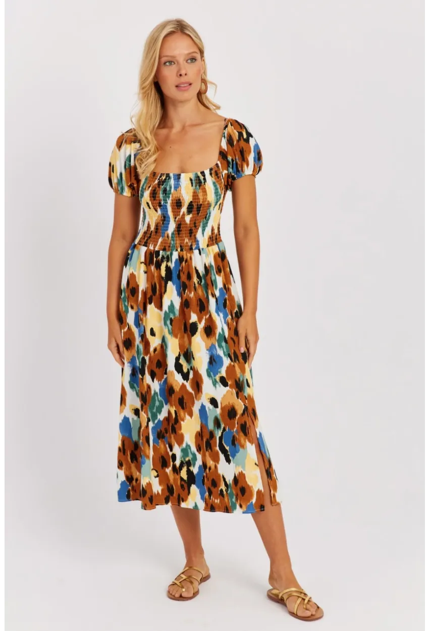 Kadın Camel Gipeli Desenli Midi Elbise MON126