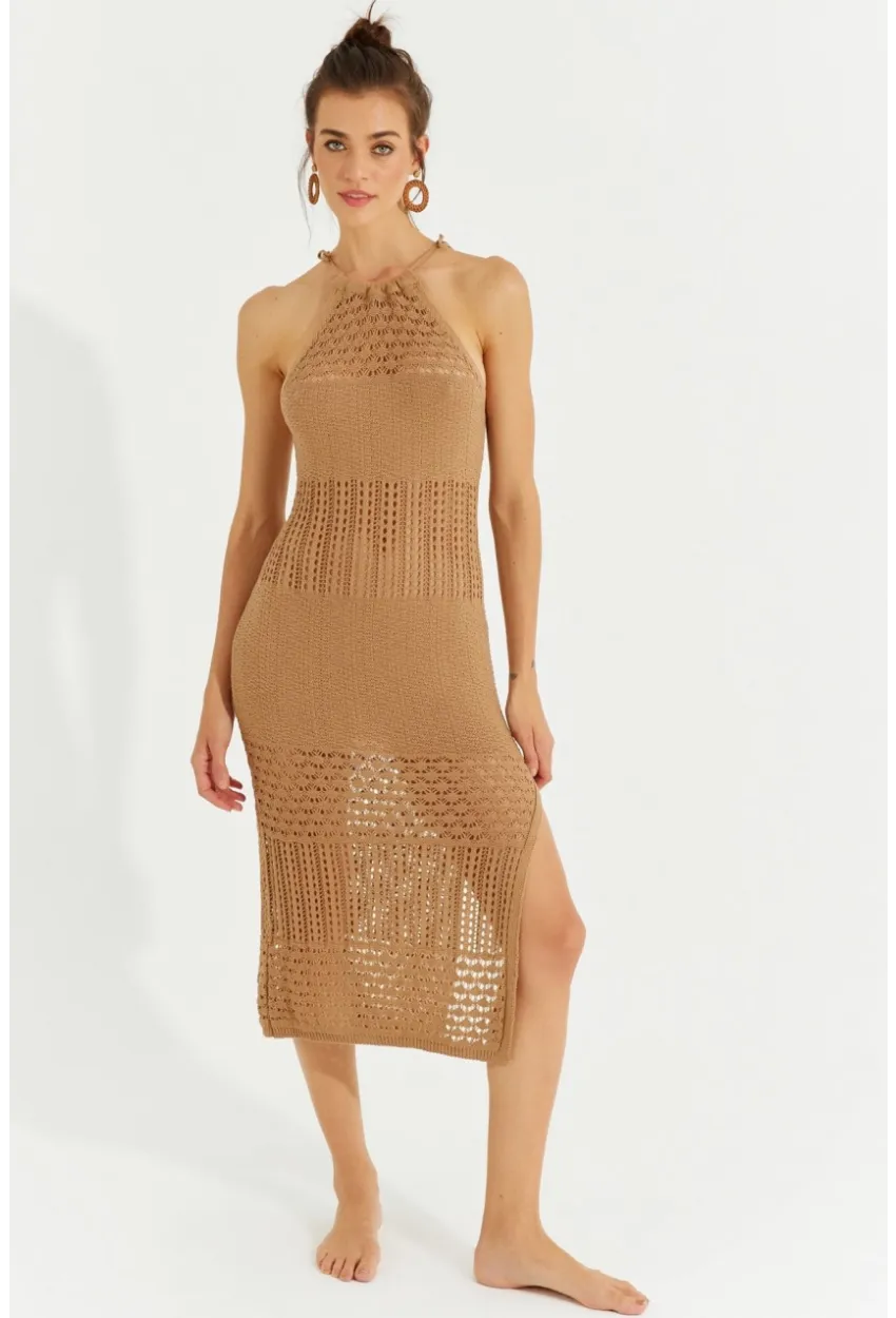 Kadın Camel Halter Yaka Ajurlu Midi Elbise SF2506
