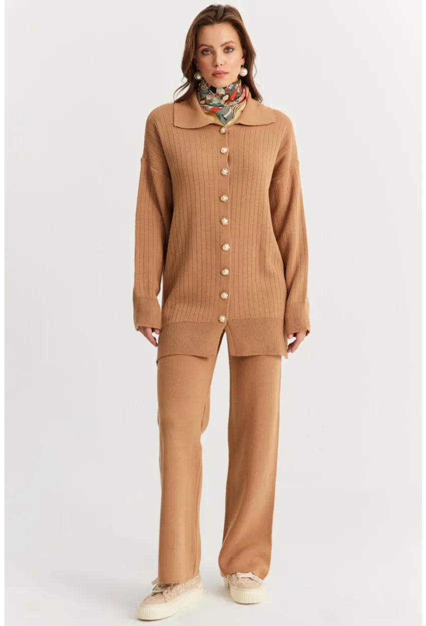Kadın Camel İnci Düğmeli Hırka Triko Alt Üst Takım NUV26