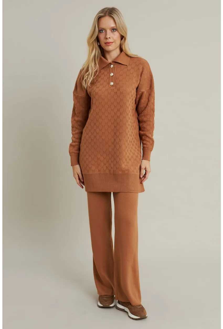Kadın Camel İnci Düğmeli Triko Alt Üst Takım MNUV33